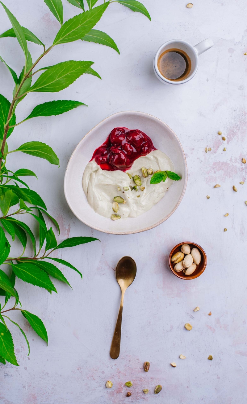 Krem pistacjowy bez cukru, chutney wiśniowy