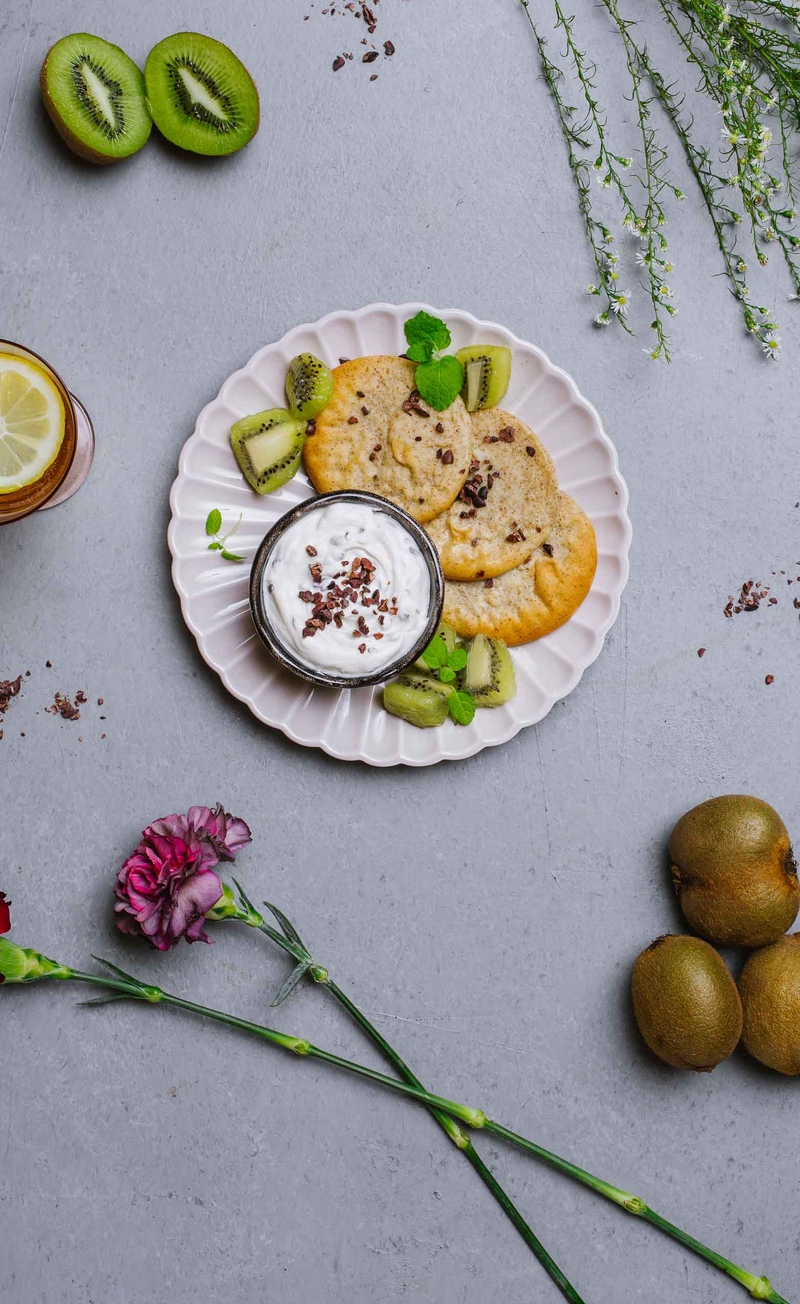 Placuszki z ricottą, twarożek straciatella, kiwi